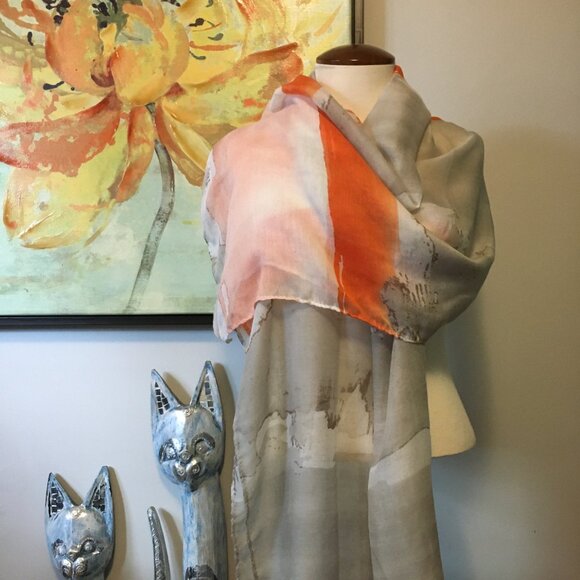 Vex Collection Beautiful Watercolour Wash Scarf In Orange, White & Grey - Picture 3 of 13